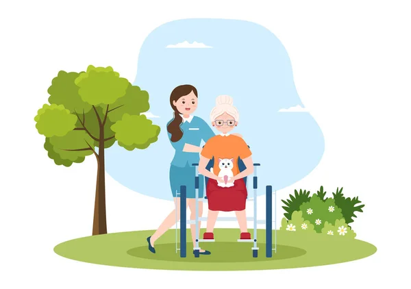 Elderly Care Services Hand Drawn Cartoon Flat Illustration Caregiver Nursing — Stock vektor