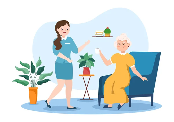 Elderly Care Services Hand Drawn Cartoon Flat Illustration Caregiver Nursing — Vettoriale Stock