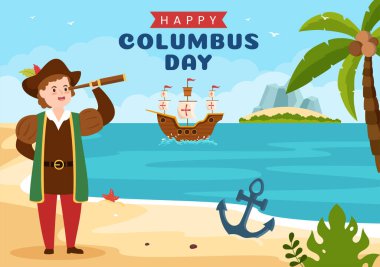 Happy Columbus Day National Holiday Hand Drawn Cartoon Illustration with Blue Waves, Compass, Ship and USA Flags in Flat Style Background