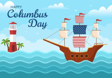 Happy Columbus Day National Holiday Hand Drawn Cartoon Illustration with Blue Waves, Compass, Ship and USA Flags in Flat Style Background