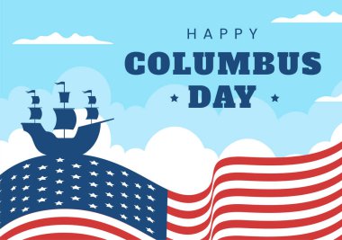 Happy Columbus Day National Holiday Hand Drawn Cartoon Illustration with Blue Waves, Compass, Ship and USA Flags in Flat Style Background