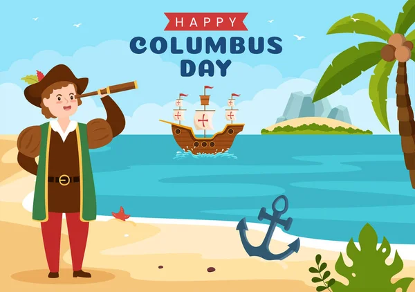 Happy Columbus Day National Holiday Hand Drawn Cartoon Illustration Blue — Archivo Imágenes Vectoriales