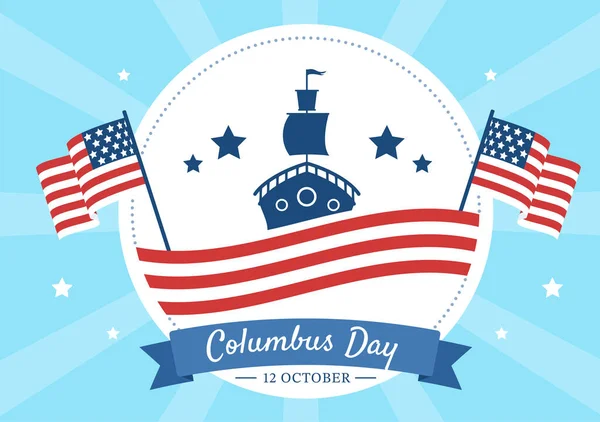 Happy Columbus Day National Holiday Hand Drawn Cartoon Illustration Blue — Image vectorielle