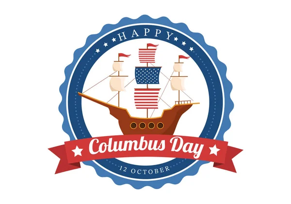 Happy Columbus Day National Holiday Hand Drawn Cartoon Illustration Blue — Image vectorielle