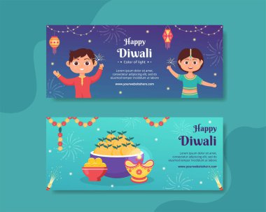 Indian Celebrating Diwali Day Horizontal Banner Template Hand Drawn Cartoon Flat Illustration