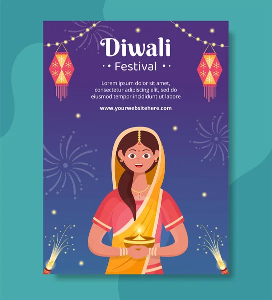 Indian Celebrating Diwali Day Poster Template Hand Drawn Cartoon Flat — Vector de stock