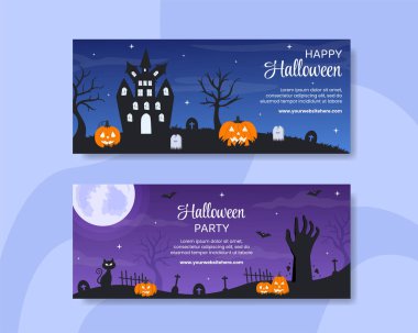 Halloween Night Party Horizontal Banner Template Hand Drawn Cartoon Flat Illustration