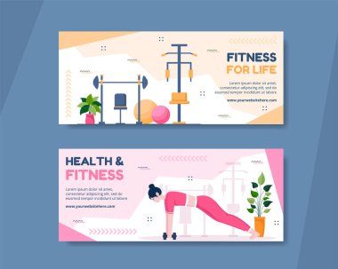 Fitness Training Horizontal Banner Template Hand Drawn Cartoon Flat Illustration