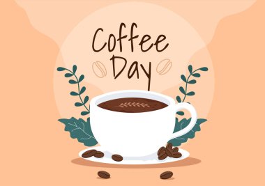 International Coffee Day on 1st October Hand Drawn Cartoon Flat Illustration with Cacao Beans and a Glass of Hot Drink Design