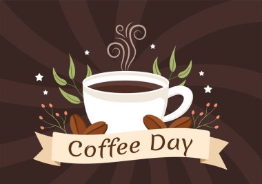 International Coffee Day on 1st October Hand Drawn Cartoon Flat Illustration with Cacao Beans and a Glass of Hot Drink Design