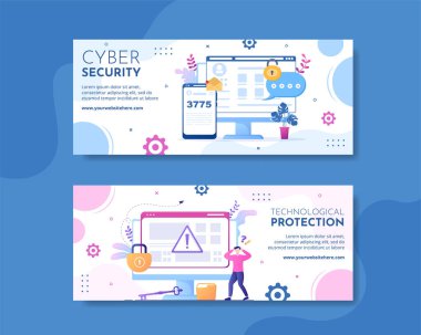 Cyber Security Horizontal Banner Template Hand Drawn Cartoon Flat Illustration