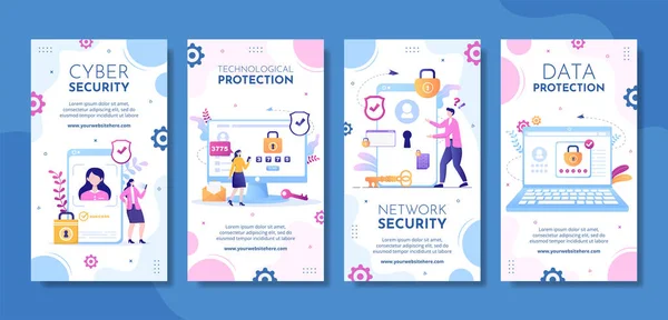 Cyber Security Social Media Stories Template Hand Drawn Cartoon Flat — Image vectorielle