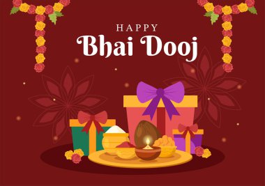 Happy Bhai Dooj Indian Festival Celebration Hand Drawn Cartoon Illustration of Sisters Pray for Brothers Protection with a Dot on His Forehead