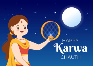 Karwa Chauth Festival Hand Drawn Flat Cartoon Illustration to Start the New Moon by Seeing the Moonrise in November From Wives for Their Husbands