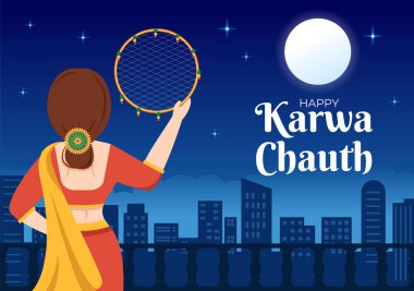 Karwa Chauth Festival Hand Drawn Flat Cartoon Illustration to Start the New Moon by Seeing the Moonrise in November From Wives for Their Husbands
