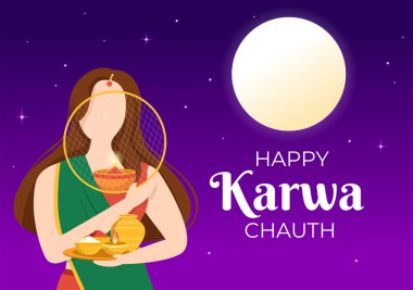 Karwa Chauth Festival Hand Drawn Flat Cartoon Illustration to Start the New Moon by Seeing the Moonrise in November From Wives for Their Husbands