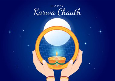 Karwa Chauth Festival Hand Drawn Flat Cartoon Illustration to Start the New Moon by Seeing the Moonrise in November From Wives for Their Husbands