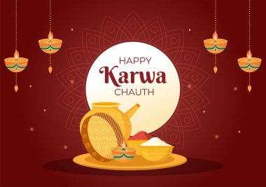 Karwa Chauth Festival Hand Drawn Flat Cartoon Illustration to Start the New Moon by Seeing the Moonrise in November From Wives for Their Husbands