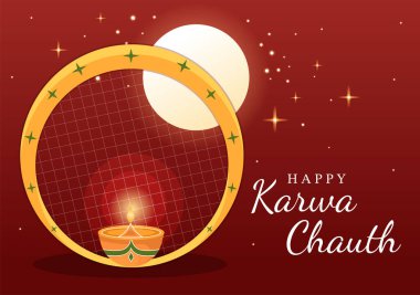 Karwa Chauth Festival Hand Drawn Flat Cartoon Illustration to Start the New Moon by Seeing the Moonrise in November From Wives for Their Husbands