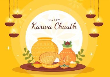 Karwa Chauth Festival Hand Drawn Flat Cartoon Illustration to Start the New Moon by Seeing the Moonrise in November From Wives for Their Husbands