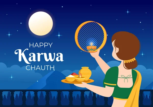 Karwa Chauth Festival Hand Drawn Flat Cartoon Illustration Start New — Vector de stock