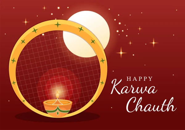 Karwa Chauth Festival Hand Drawn Flat Cartoon Illustration to Start the New Moon by Seeing the Moonrise in November From Wives for Their Husbands