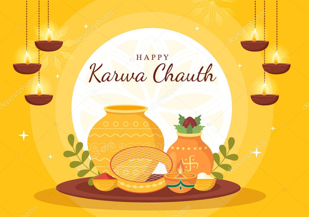 Karwa Chauth Festival Hand Drawn Flat Cartoon Illustration to Start the New Moon by Seeing the Moonrise in November From Wives for Their Husbands