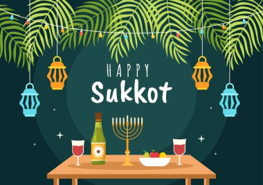 Happy Jewish Holiday Sukkot Hand Drawn Cartoon Flat Illustration with Sukkah, Etrog, Lulav, Arava, Hadas and Decoration Background Design