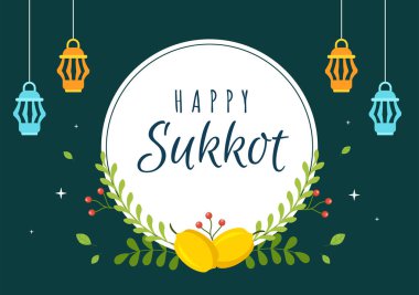 Happy Jewish Holiday Sukkot Hand Drawn Cartoon Flat Illustration with Sukkah, Etrog, Lulav, Arava, Hadas and Decoration Background Design