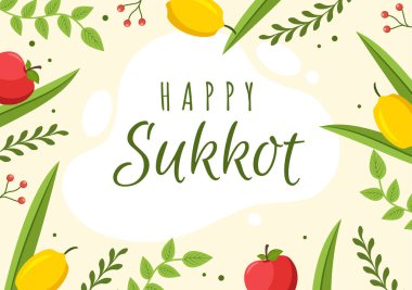 Happy Jewish Holiday Sukkot Hand Drawn Cartoon Flat Illustration with Sukkah, Etrog, Lulav, Arava, Hadas and Decoration Background Design