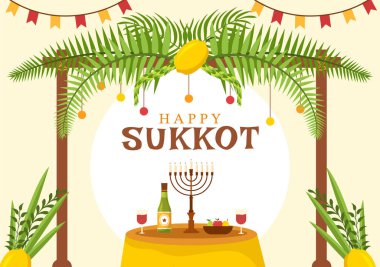 Happy Jewish Holiday Sukkot Hand Drawn Cartoon Flat Illustration with Sukkah, Etrog, Lulav, Arava, Hadas and Decoration Background Design