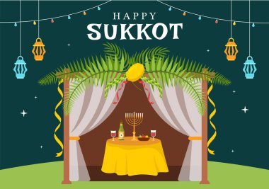 Happy Jewish Holiday Sukkot Hand Drawn Cartoon Flat Illustration with Sukkah, Etrog, Lulav, Arava, Hadas and Decoration Background Design