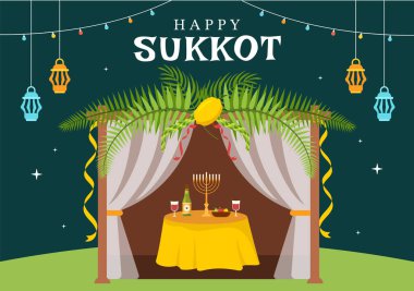 Happy Jewish Holiday Sukkot Hand Drawn Cartoon Flat Illustration with Sukkah, Etrog, Lulav, Arava, Hadas and Decoration Background Design clipart