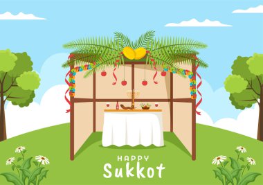 Happy Jewish Holiday Sukkot Hand Drawn Cartoon Flat Illustration with Sukkah, Etrog, Lulav, Arava, Hadas and Decoration Background Design