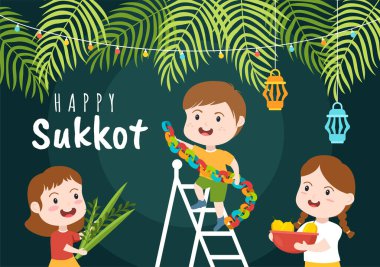 Happy Jewish Holiday Sukkot Hand Drawn Cartoon Flat Illustration with Sukkah, Etrog, Lulav, Arava, Hadas and Decoration Background Design