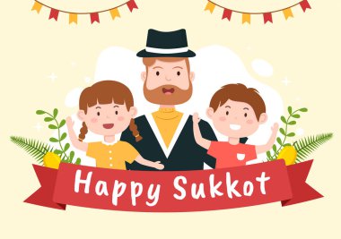 Happy Jewish Holiday Sukkot Hand Drawn Cartoon Flat Illustration with Sukkah, Etrog, Lulav, Arava, Hadas and Decoration Background Design