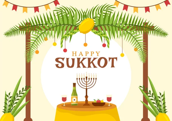 Happy Jewish Holiday Sukkot Hand Drawn Cartoon Flat Illustration Sukkah — Stok Vektör