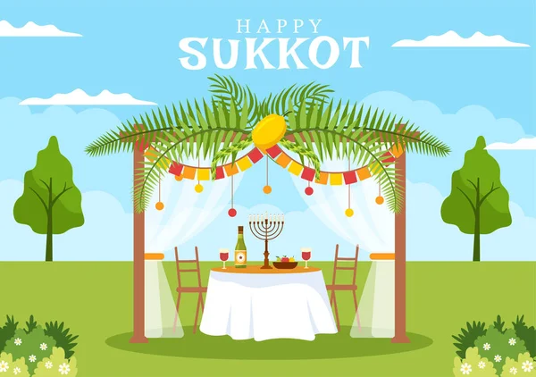 Happy Jewish Holiday Sukkot Hand Drawn Cartoon Flat Illustration with Sukkah, Etrog, Lulav, Arava, Hadas and Decoration Background Design
