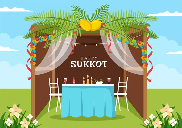 Happy Jewish Holiday Sukkot Hand Drawn Cartoon Flat Illustration Sukkah — Stockvektor