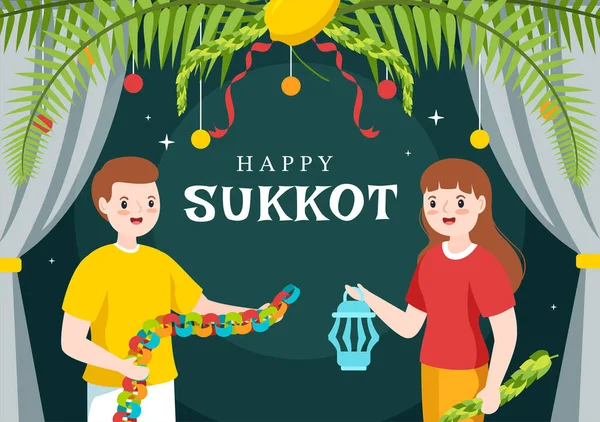 Happy Jewish Holiday Sukkot Hand Drawn Cartoon Flat Illustration Sukkah — ストックベクタ