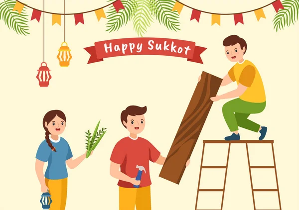 Happy Jewish Holiday Sukkot Hand Drawn Cartoon Flat Illustration with Sukkah, Etrog, Lulav, Arava, Hadas and Decoration Background Design