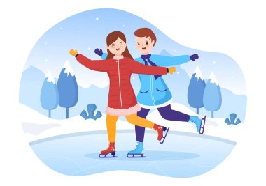 Ice Skating Hand Drawn Cartoon Flat Illustration of Winter Fun Outdoors Sport Activities on Ice Rink with Seasonal Outerwear