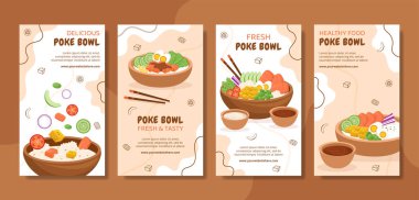 Poke Bowl Food Social Media Stories Template Hand Drawn Cartoon Flat Illustration