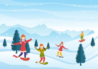 Snowboarding Hand Drawn Cartoon Flat Illustration of People in Winter Outfit Sliding and Jumping with Snowboards at Snowy Mountain Sides or Slopes