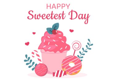Happy Sweetest Day on 21 October Sweet Holiday Event Hand Drawn Cartoon Flat Illustration with Cupcakes and Candy in a Pink Background