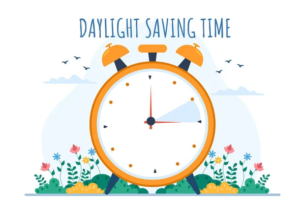 Daylight Savings Time Hand Drawn Flat Cartoon Illustration Alarm Clock — Stok Vektör