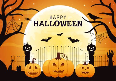 Happy Halloween Template Background Hand Drawn Cartoon Flat Illustration with Pumpkins, Bats and Dark Castle on Full Moon For Add Your Design Style