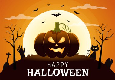 Happy Halloween Template Background Hand Drawn Cartoon Flat Illustration with Pumpkins, Bats and Dark Castle on Full Moon For Add Your Design Style