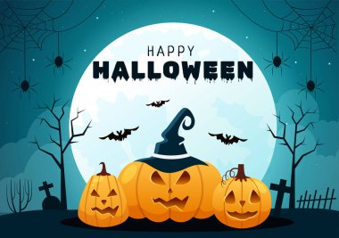 Happy Halloween Template Background Hand Drawn Cartoon Flat Illustration with Pumpkins, Bats and Dark Castle on Full Moon For Add Your Design Style