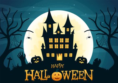 Happy Halloween Template Background Hand Drawn Cartoon Flat Illustration with Pumpkins, Bats and Dark Castle on Full Moon For Add Your Design Style